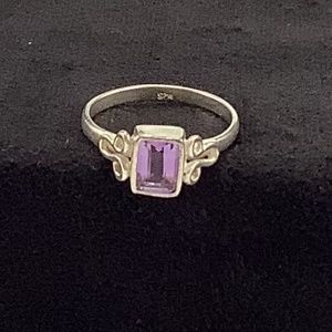 Womens Sterling Silver Emerald Cut Purple Amethyst Ring 7.5